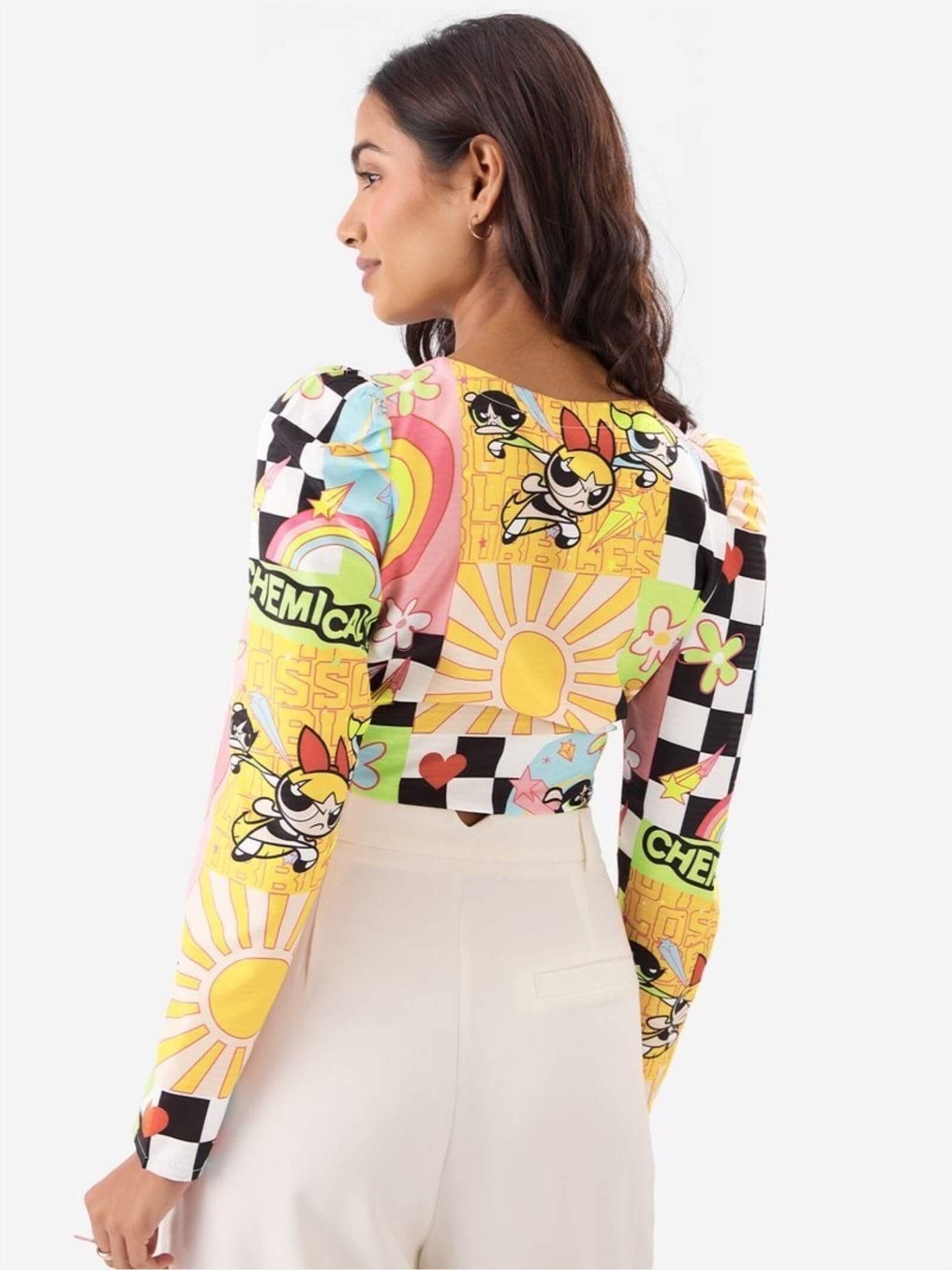 Powerpuff Girls Cartoon Print Wrap Top | Cropped 90s Aesthetic Tie - Front Shirt Legacy Boutiques Legacy Boutiques