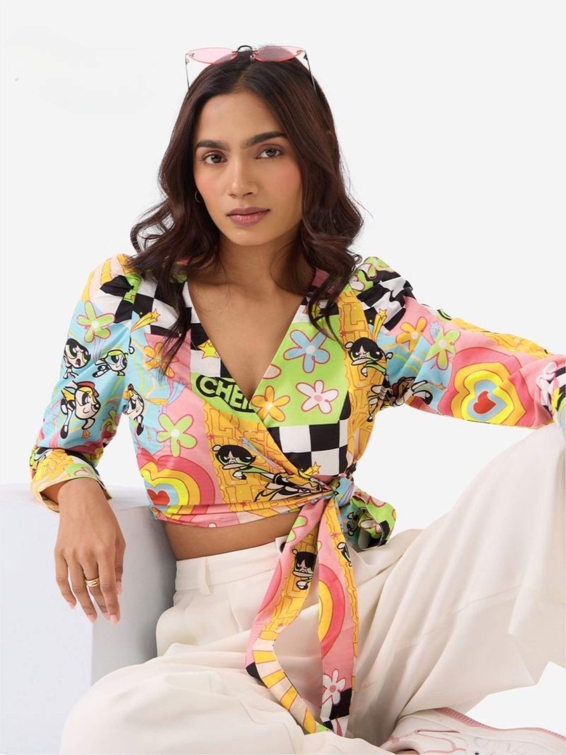 Powerpuff Girls Cartoon Print Wrap Top | Cropped 90s Aesthetic Tie - Front Shirt Legacy Boutiques Legacy Boutiques