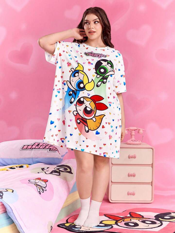 Powerpuff Girls Heart &amp; Character Print Oversized Tee Legacy Boutiques Legacy Boutiques