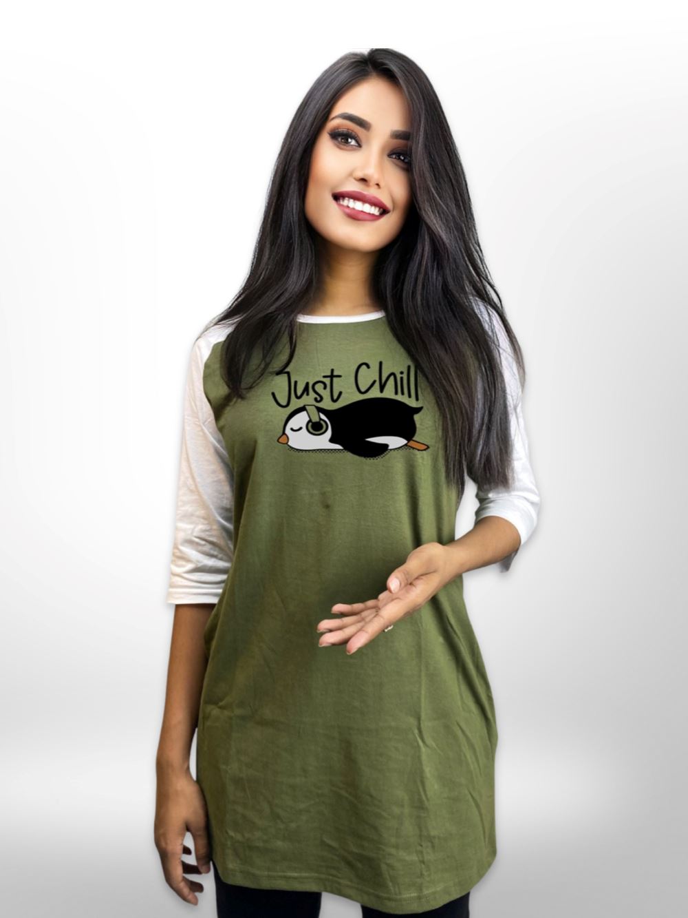 Raglan Sleeve Side Pocket Long T-shirt Just Chill Print For Women&