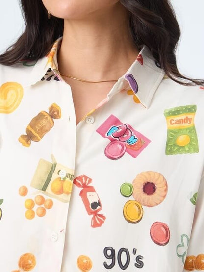 Retro Candy Print Oversized Boyfriend Shirt - 90&