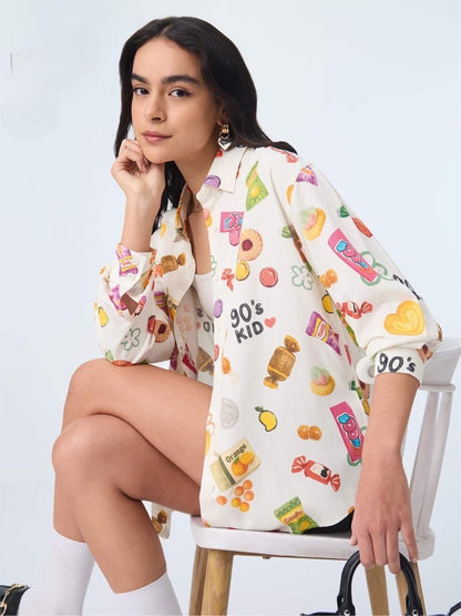Retro Candy Print Oversized Boyfriend Shirt - 90&