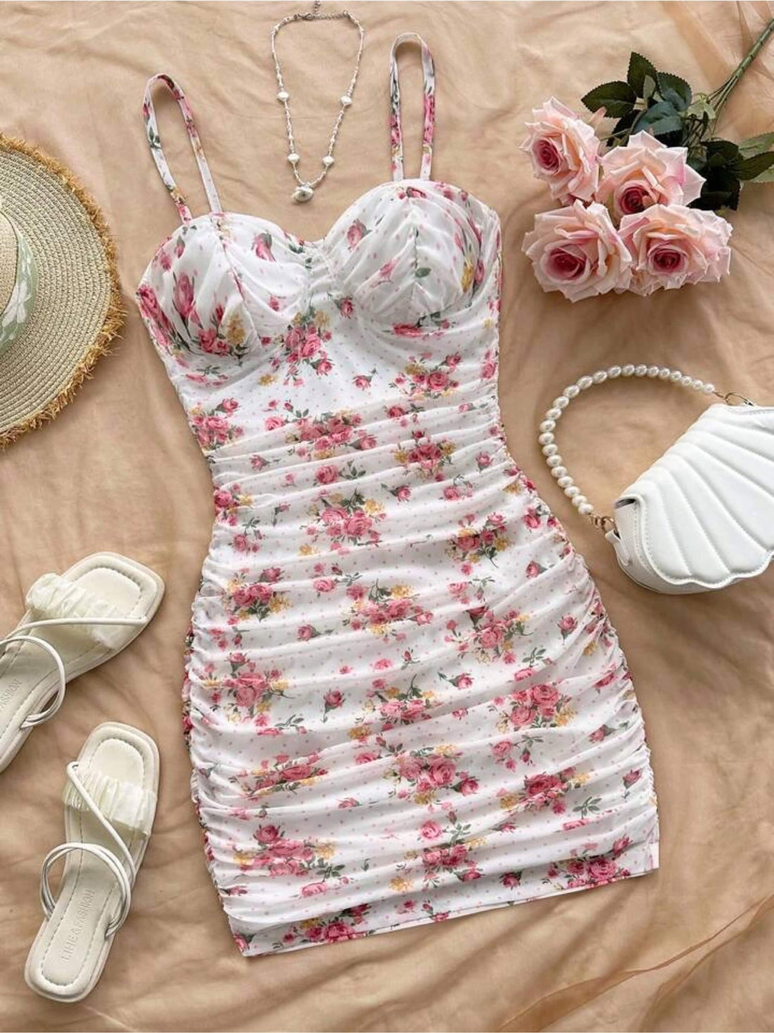 Rosalie Pink Rose Ruched Mini Dress - Sweetheart Floral Cami Bodycon Legacy Boutiques Legacy Boutiques
