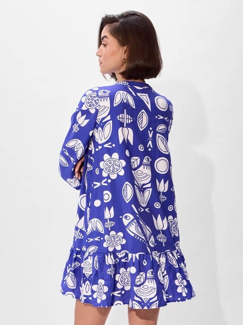Royal Blue Folk Art Print Ruffle Hem Dress - Long Sleeve Button - Up Mini Legacy Boutiques Legacy Boutiques