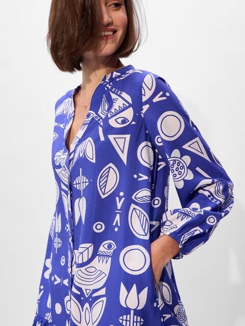 Royal Blue Folk Art Print Ruffle Hem Dress - Long Sleeve Button - Up Mini Legacy Boutiques Legacy Boutiques
