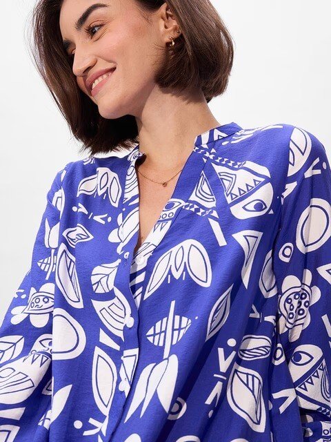 Royal Blue Folk Art Print Ruffle Hem Dress - Long Sleeve Button - Up Mini Legacy Boutiques Legacy Boutiques