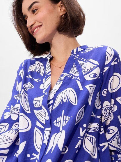 Royal Blue Folk Art Print Ruffle Hem Dress - Long Sleeve Button - Up Mini Legacy Boutiques Legacy Boutiques