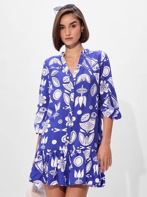 Royal Blue Folk Art Print Ruffle Hem Dress - Long Sleeve Button - Up Mini Legacy Boutiques Legacy Boutiques