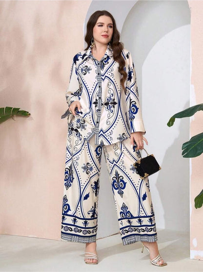 Royal Damask Ornamental Print Satin Finish Shirt &amp; Wide Leg Pant Lounge Set Legacy Boutiques Legacy Boutiques