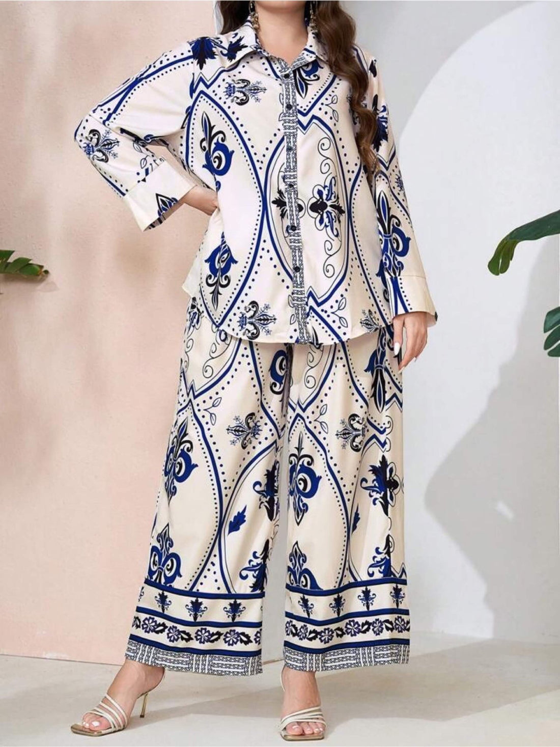 Royal Damask Ornamental Print Satin Finish Shirt &amp; Wide Leg Pant Lounge Set Legacy Boutiques Legacy Boutiques