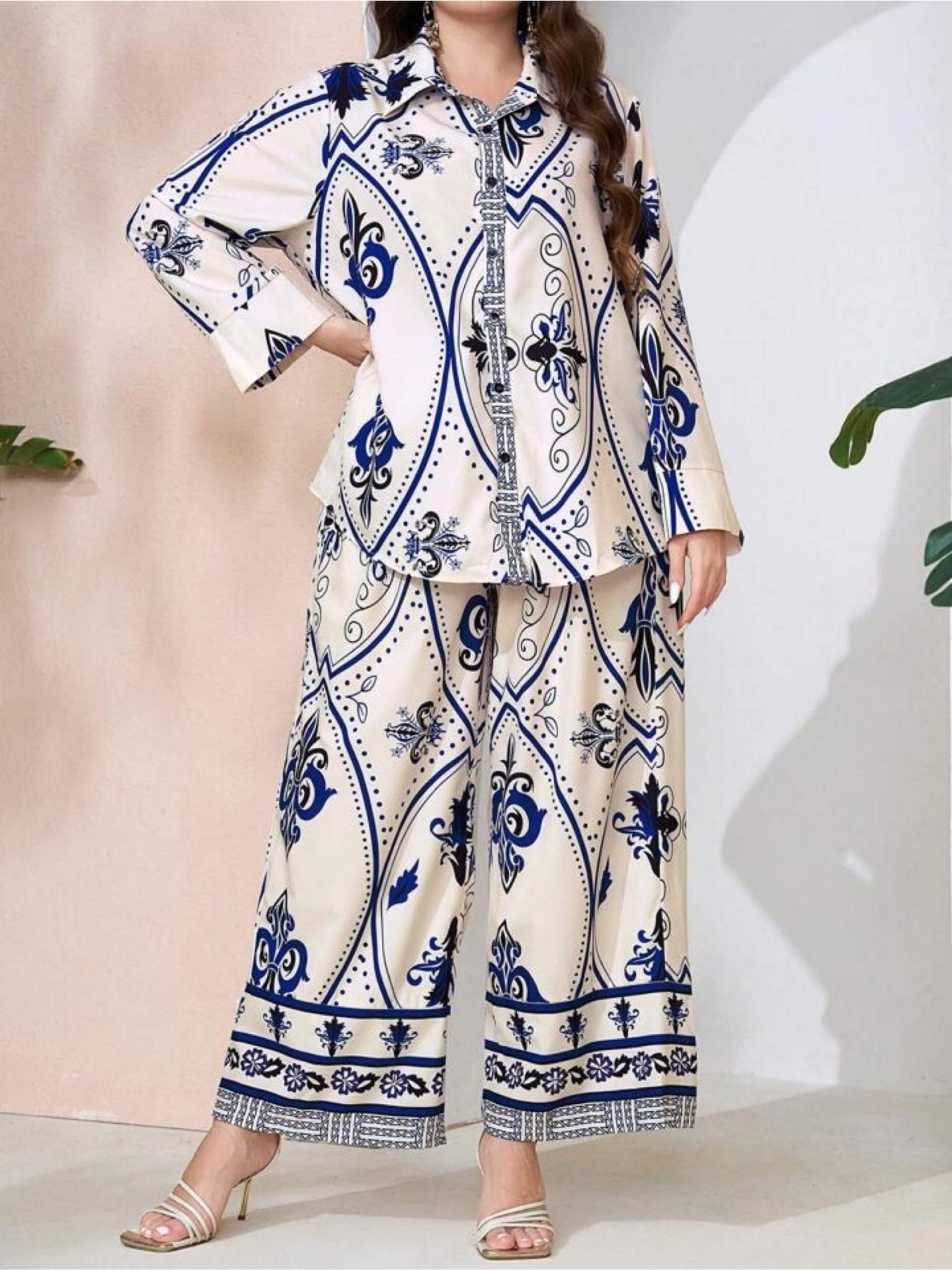 Royal Damask Ornamental Print Satin Finish Shirt &amp; Wide Leg Pant Lounge Set Legacy Boutiques Legacy Boutiques