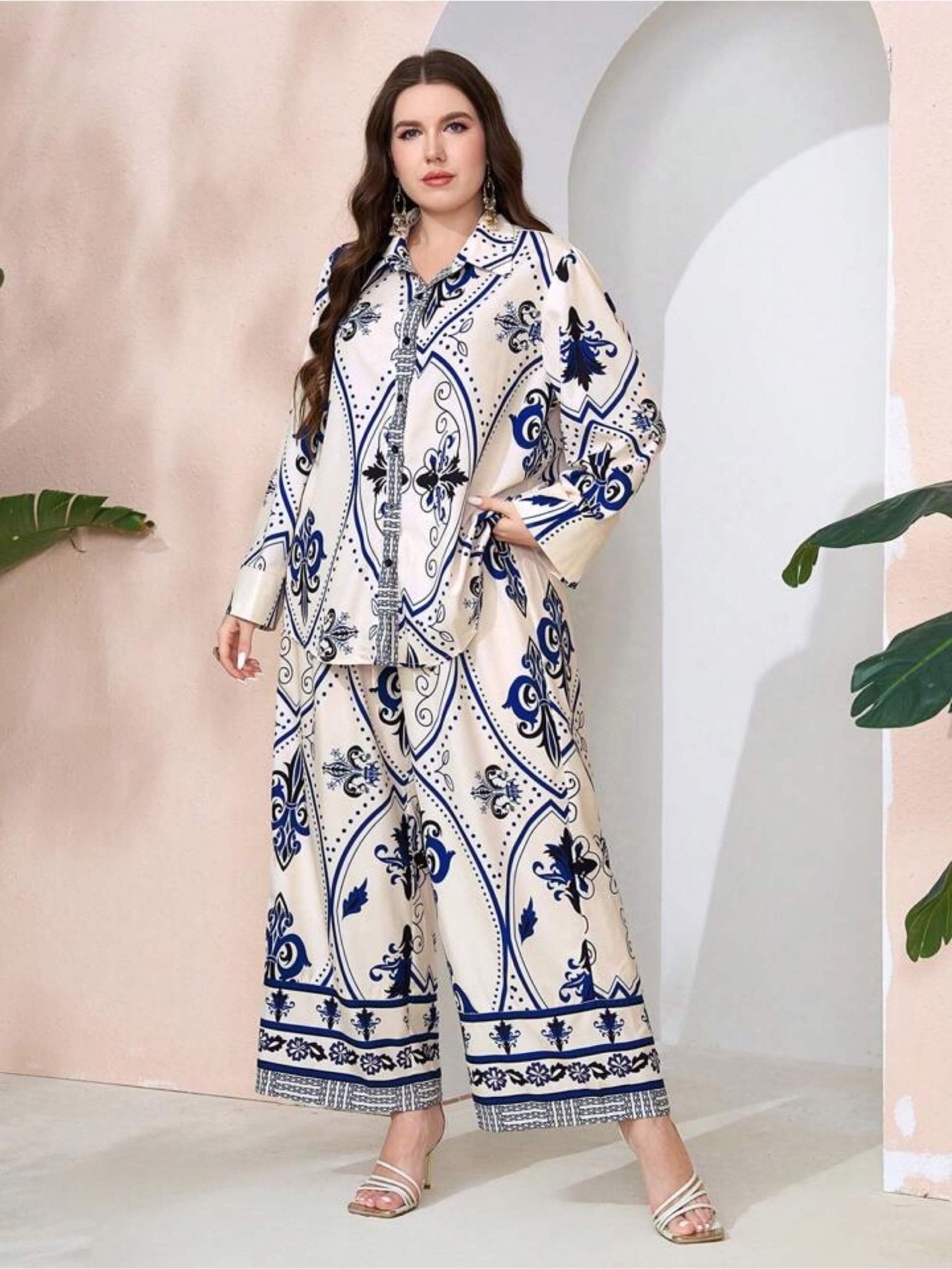 Royal Damask Ornamental Print Satin Finish Shirt &amp; Wide Leg Pant Lounge Set Legacy Boutiques Legacy Boutiques