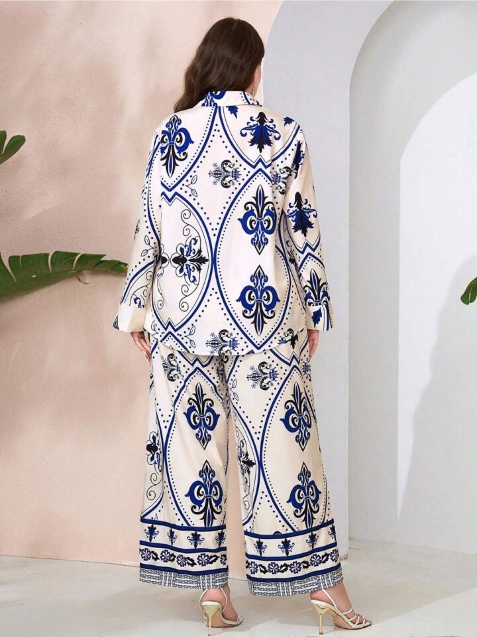 Royal Damask Ornamental Print Satin Finish Shirt &amp; Wide Leg Pant Lounge Set Legacy Boutiques Legacy Boutiques