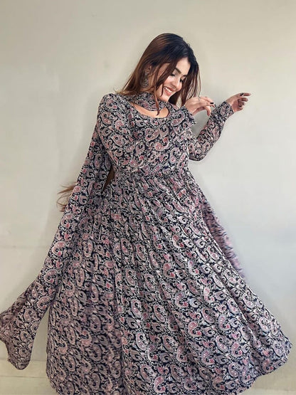 Royal Paisley Printed Black Cotton Anarkali Suit with Gold Gota Border Legacy Boutiques Legacy Boutiques