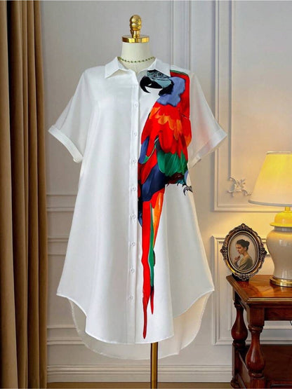 Scarlet Macaw Tropical Print High - Low Oversized White Shirt Dress 🦜 Legacy Boutiques Legacy Boutiques
