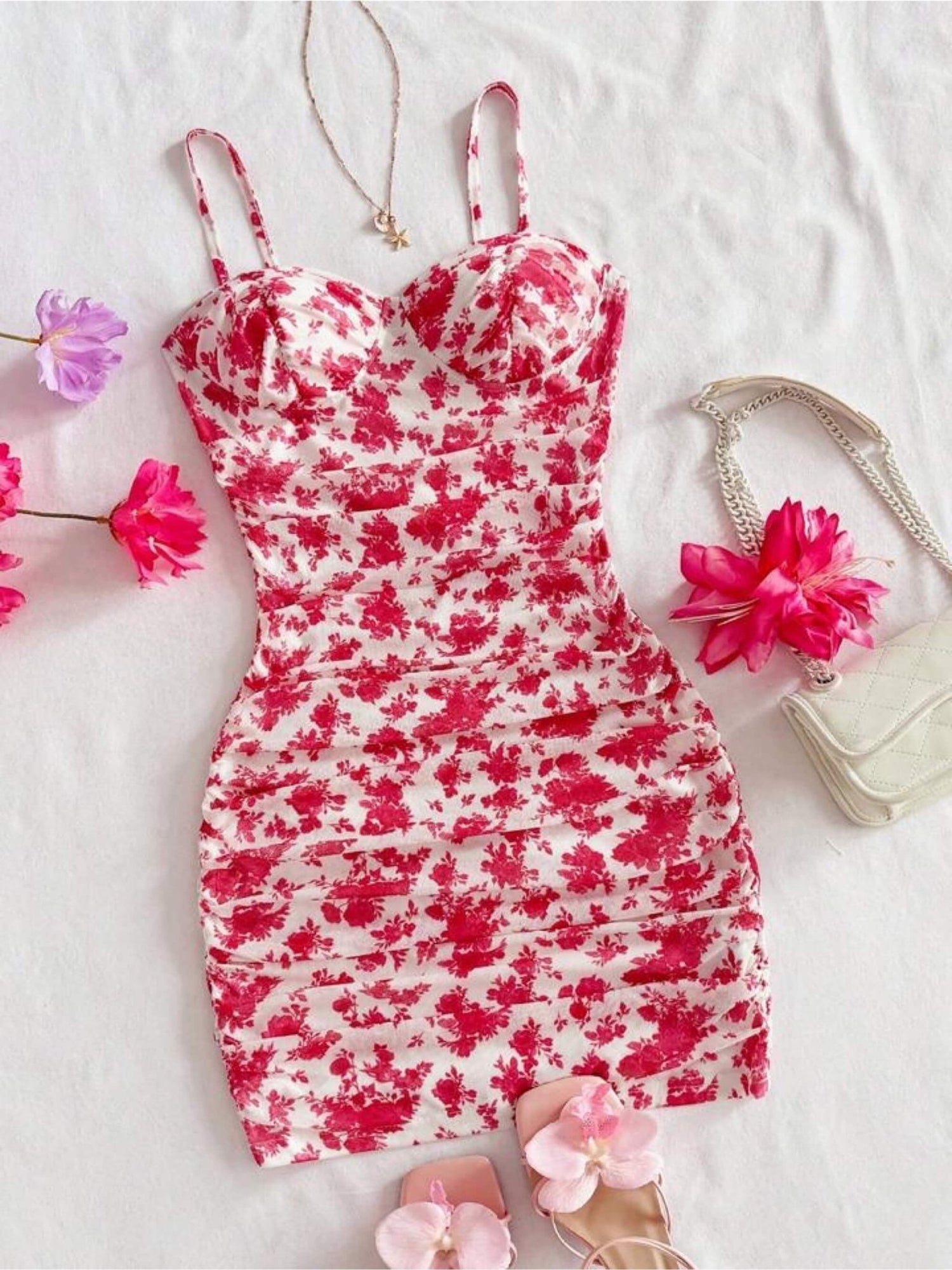Siren Rose Red Floral Ruched Mini Dress - Sweetheart Bustier Bodycon Legacy Boutiques Legacy Boutiques