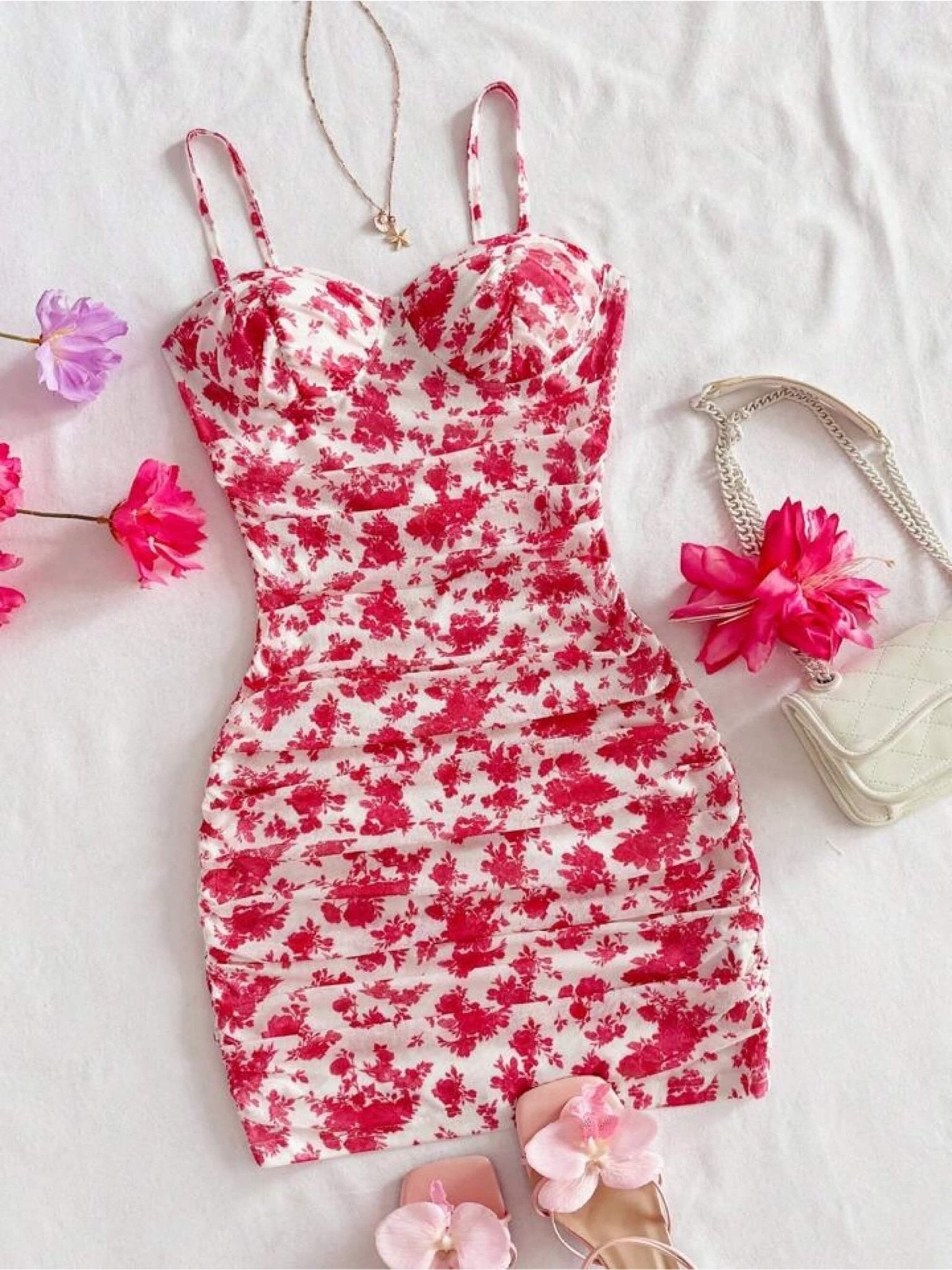 Siren Rose Red Floral Ruched Mini Dress - Sweetheart Bustier Bodycon Legacy Boutiques Legacy Boutiques