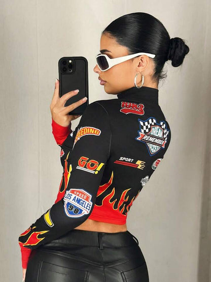 Slim Fit Motorcycle &amp; Flame Print Stand Collar Full Sleeve Crop Top Legacy Boutiques Legacy Boutiques