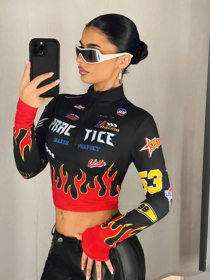 Slim Fit Motorcycle &amp; Flame Print Stand Collar Full Sleeve Crop Top Legacy Boutiques Legacy Boutiques
