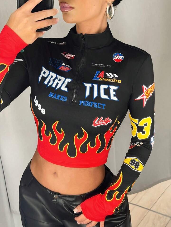 Slim Fit Motorcycle &amp; Flame Print Stand Collar Full Sleeve Crop Top Legacy Boutiques Legacy Boutiques