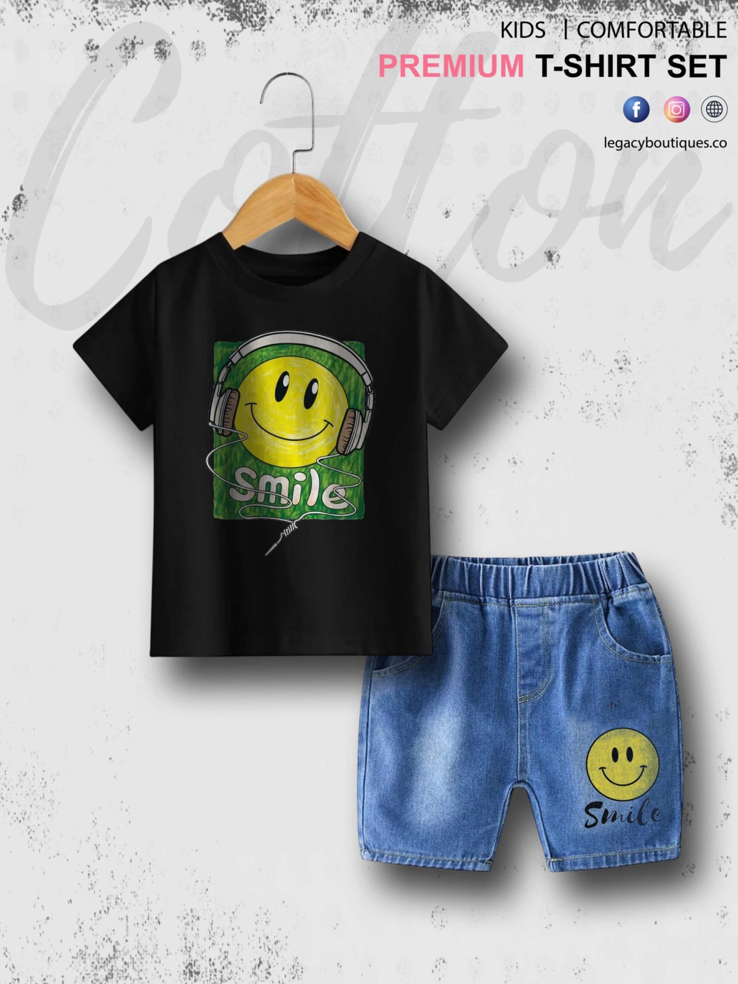 Smile Emoji Print Summer Time Tshirt Set For Baby Boys &amp; Girls T-Shirt and Denim Pant Legacy Boutiques Legacy Boutiques