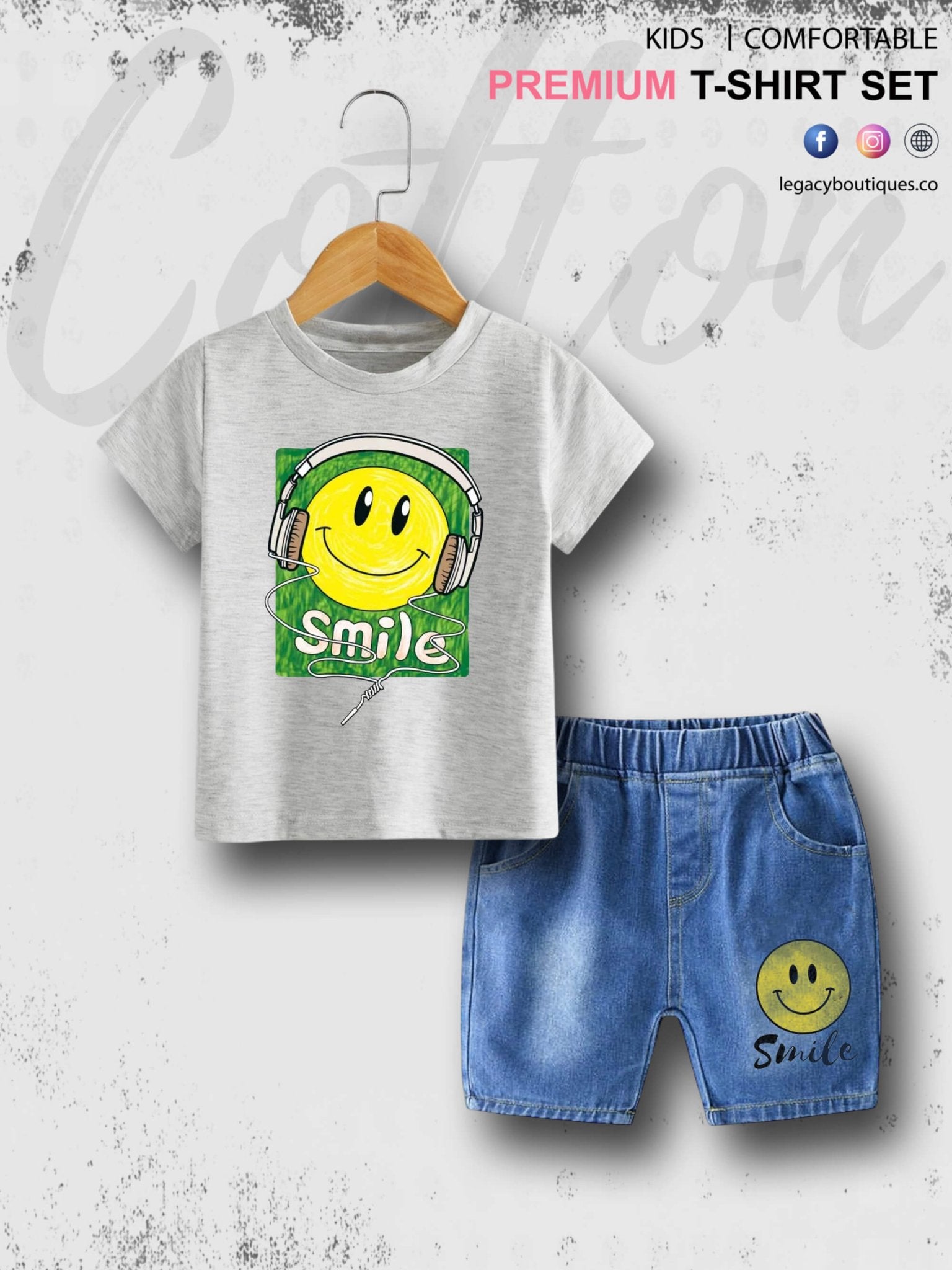 Smile Emoji Print Summer Time Tshirt Set For Baby Boys &amp; Girls T-Shirt and Denim Pant Legacy Boutiques Legacy Boutiques