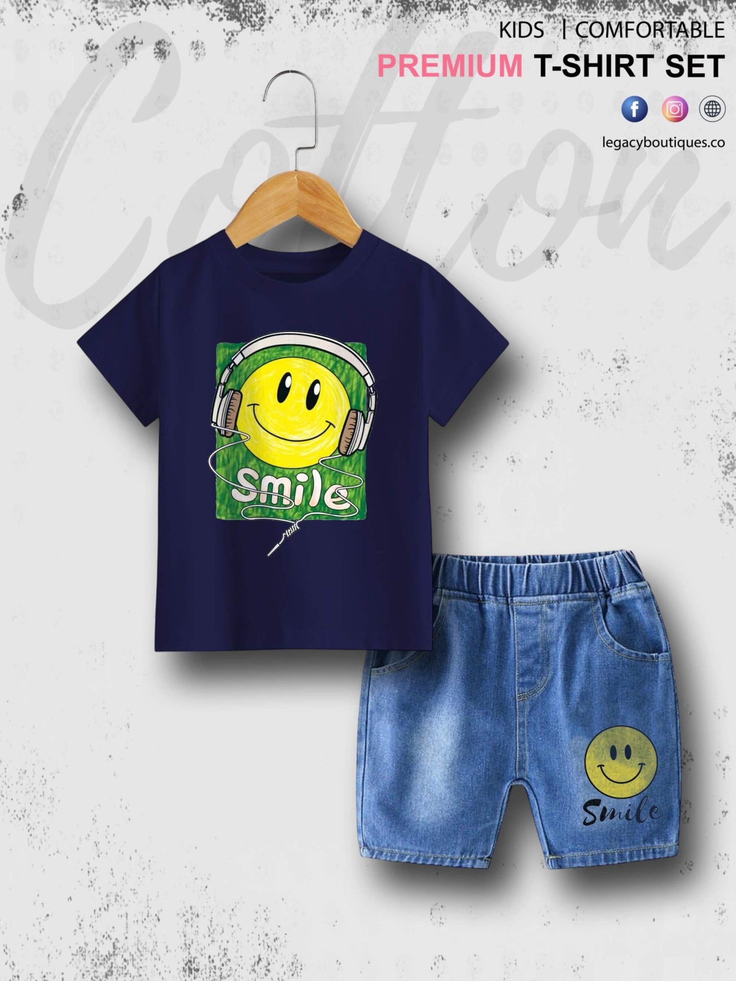 Smile Emoji Print Summer Time Tshirt Set For Baby Boys &amp; Girls T-Shirt and Denim Pant Legacy Boutiques Legacy Boutiques