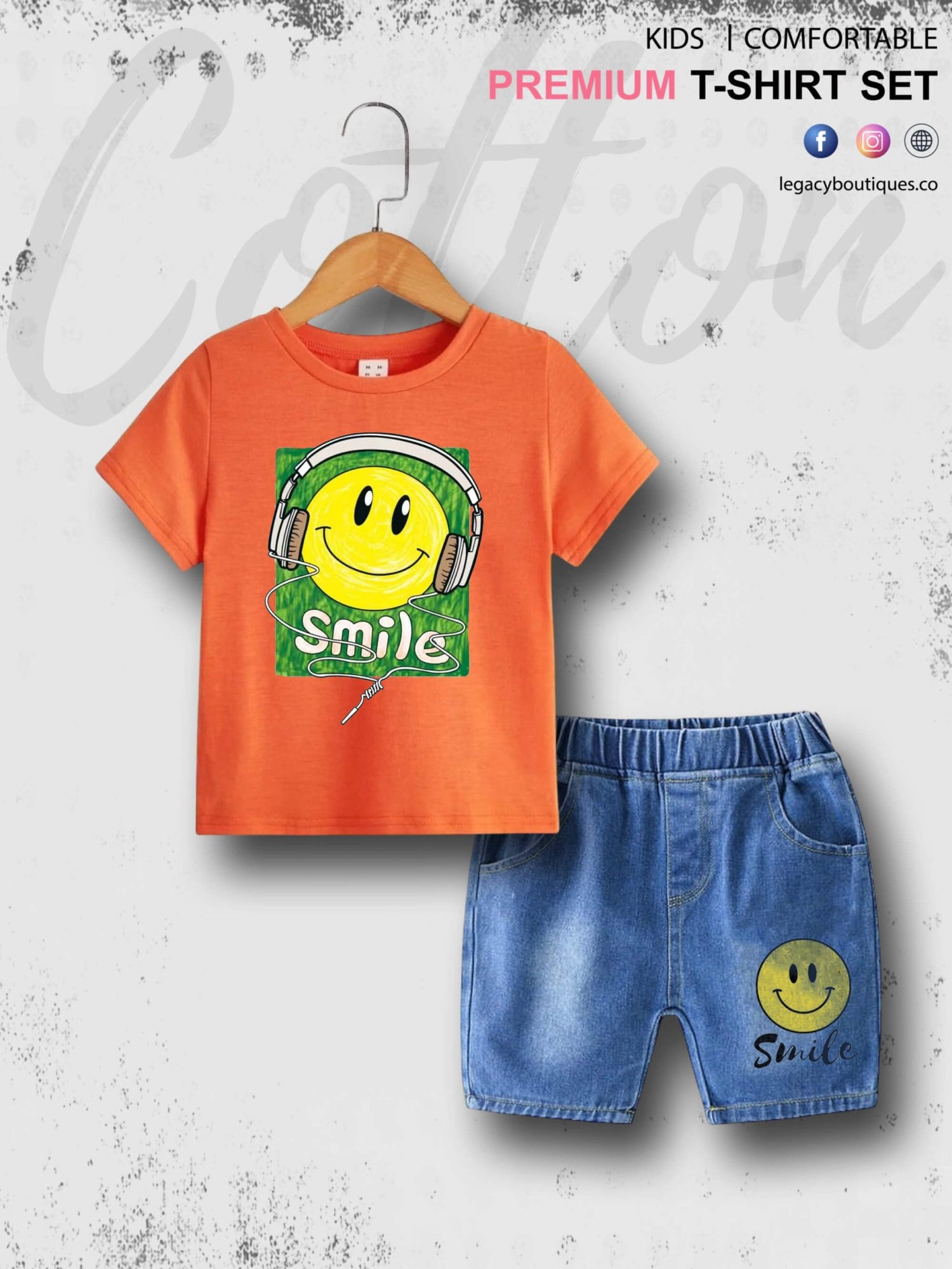 Smile Emoji Print Summer Time Tshirt Set For Baby Boys &amp; Girls T-Shirt and Denim Pant Legacy Boutiques Legacy Boutiques