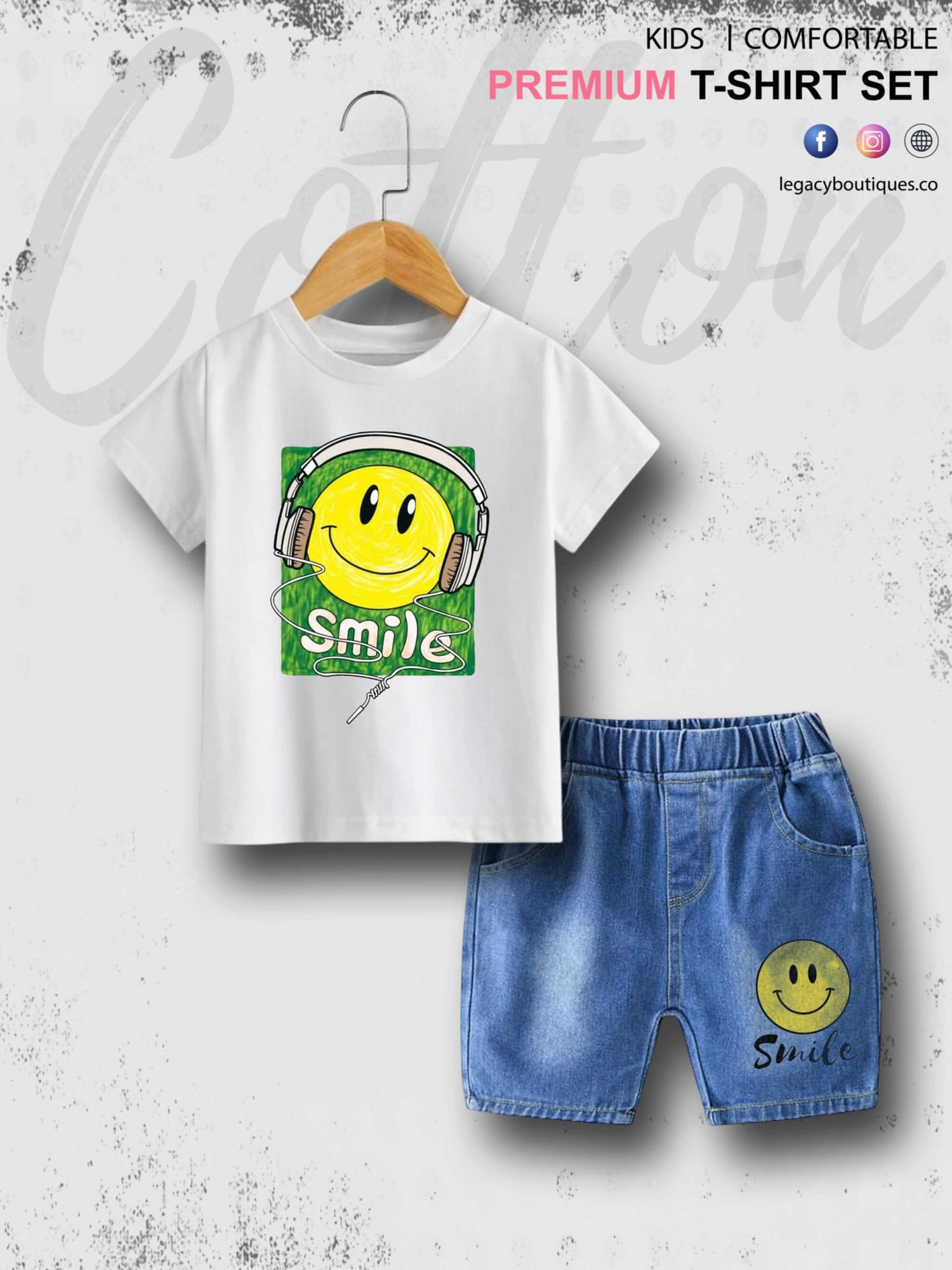 Smile Emoji Print Summer Time Tshirt Set For Baby Boys &amp; Girls T-Shirt and Denim Pant Legacy Boutiques Legacy Boutiques