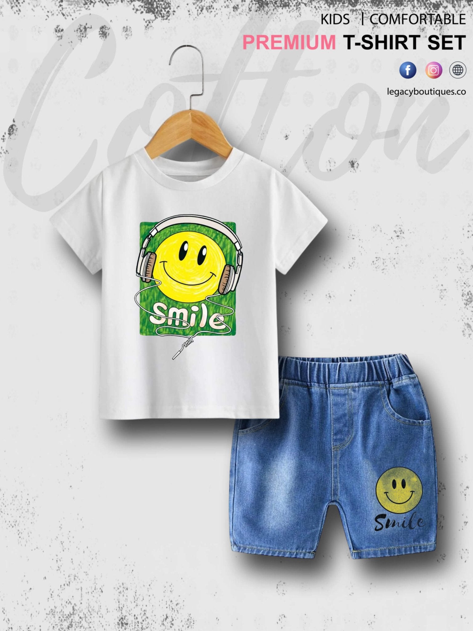 Smile Emoji Print Summer Time Tshirt Set For Baby Boys &amp; Girls T-Shirt and Denim Pant Legacy Boutiques Legacy Boutiques