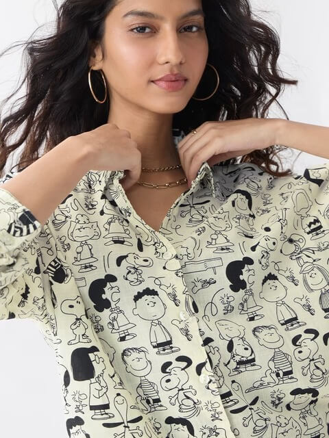 Snoopy &amp; Peanuts Crew Oversized Graphic Shirt - Cream Retro Character Print Legacy Boutiques Legacy Boutiques