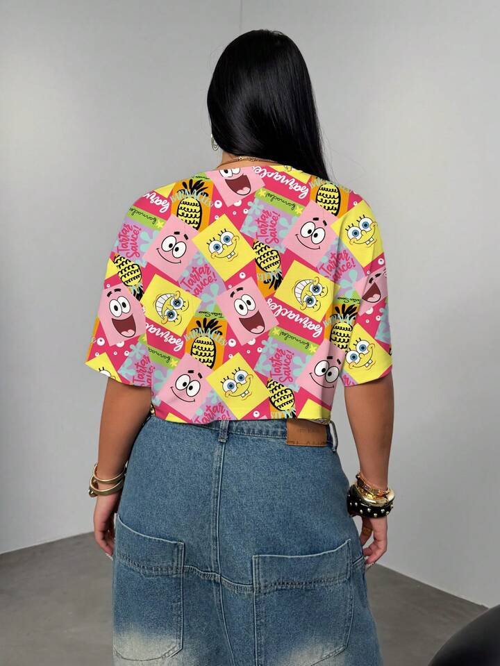 SpongeBob Cartoon Print Oversized Drop Shoulder Crop Top Legacy Boutiques Legacy Boutiques