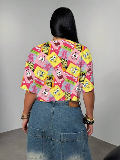SpongeBob Cartoon Print Oversized Drop Shoulder Crop Top Legacy Boutiques Legacy Boutiques