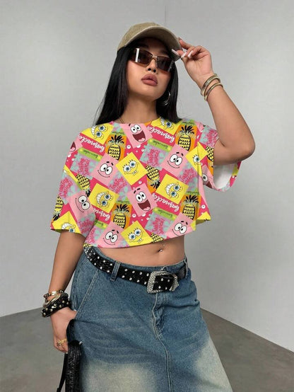 SpongeBob Cartoon Print Oversized Drop Shoulder Crop Top Legacy Boutiques Legacy Boutiques