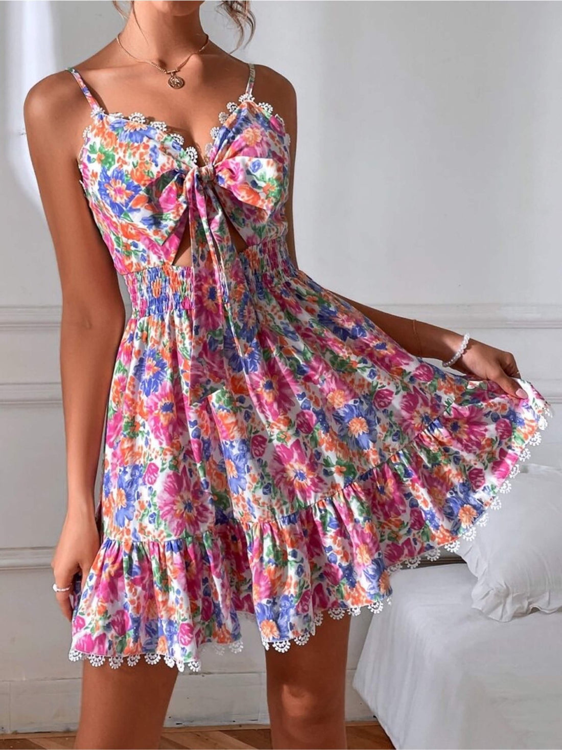 Sunset Floral Smocked Waist Sun Dress - Crochet Lace Detail 🌿 Legacy Boutiques Legacy Boutiques