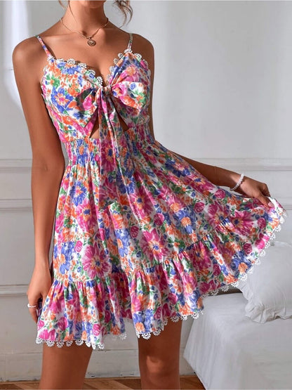 Sunset Floral Smocked Waist Sun Dress - Crochet Lace Detail 🌿 Legacy Boutiques Legacy Boutiques