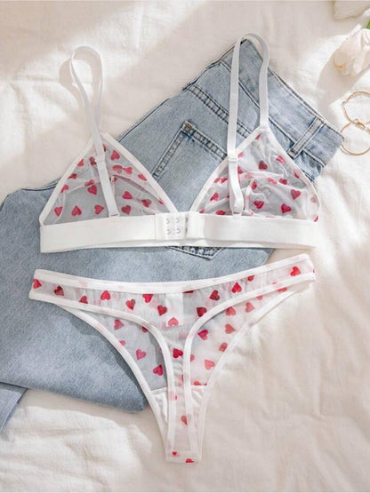 Sweetheart Red Heart Print Sheer White Mesh Lingerie Set Legacy Boutiques Legacy Boutiques