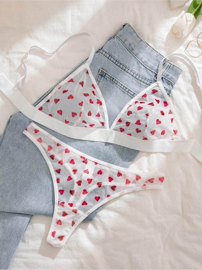 Sweetheart Red Heart Print Sheer White Mesh Lingerie Set Legacy Boutiques Legacy Boutiques