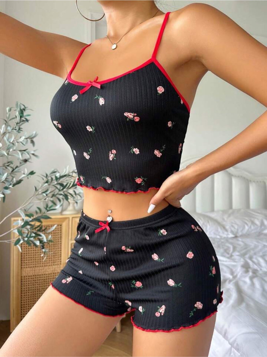 Temu Striped & Floral Print Crew Neck Bow Decor Lettuce Trim Sleepwear Pajama Women&