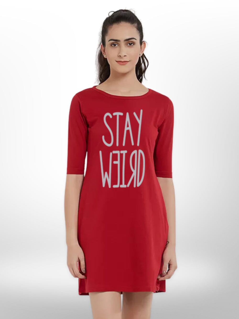 THREE QUARTER SLEEVE SIDE POCKET STAY WEIRD PRINTED T - SHIRT FOR WOMEN&
