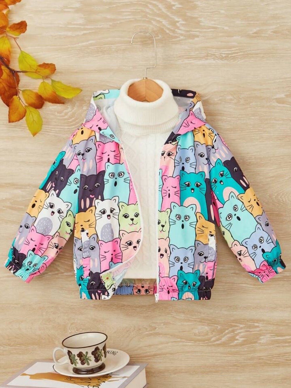 Toddler Kids Girls Hooded Jacket Coat with Kitten Print Spring Warm Casual Jacket Outwear for Kid&