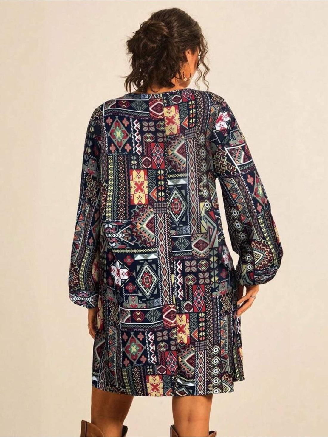 Tribal Geometric Patchwork Print Tunic Dress - Long Sleeve Boho Mini Legacy Boutiques Legacy Boutiques