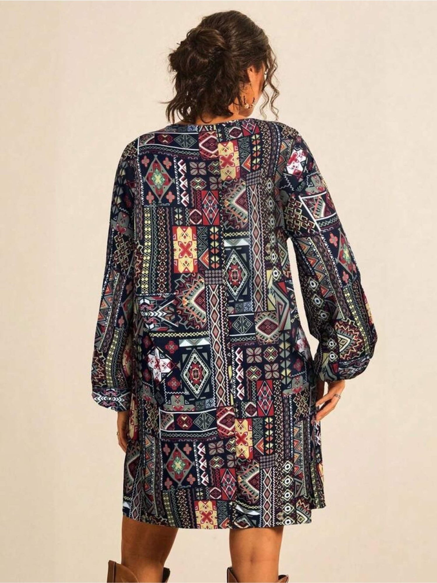 Tribal Geometric Patchwork Print Tunic Dress - Long Sleeve Boho Mini Legacy Boutiques Legacy Boutiques