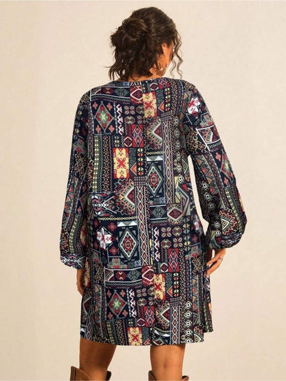 Tribal Geometric Patchwork Print Tunic Dress - Long Sleeve Boho Mini Legacy Boutiques Legacy Boutiques