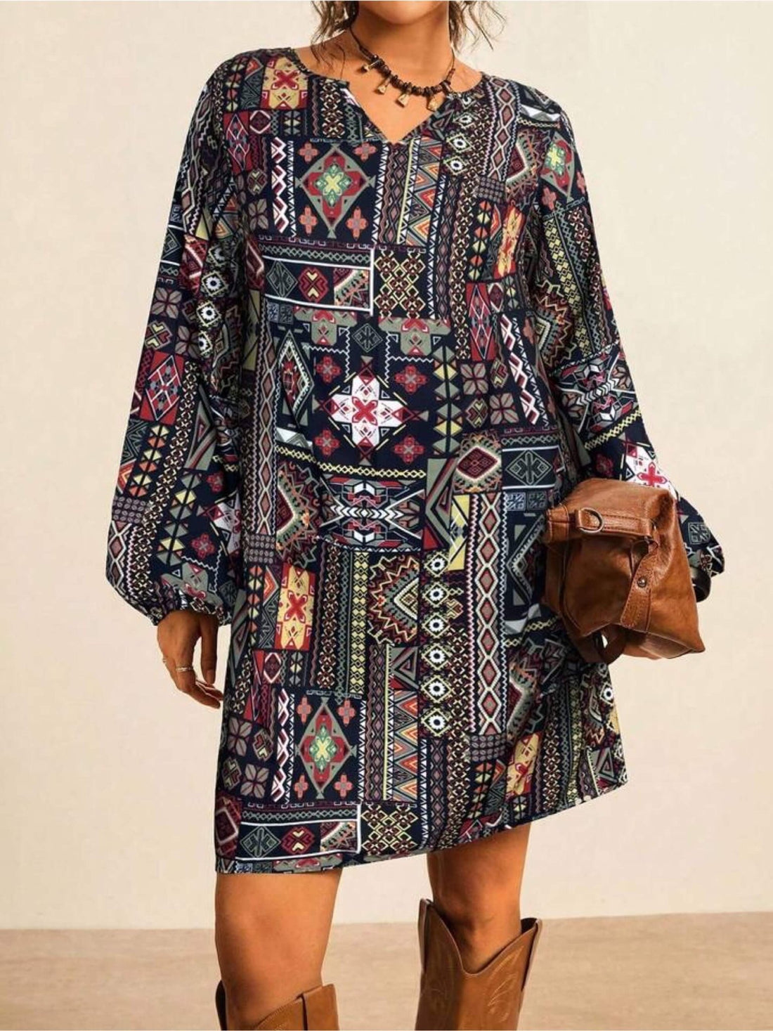 Tribal Geometric Patchwork Print Tunic Dress - Long Sleeve Boho Mini Legacy Boutiques Legacy Boutiques