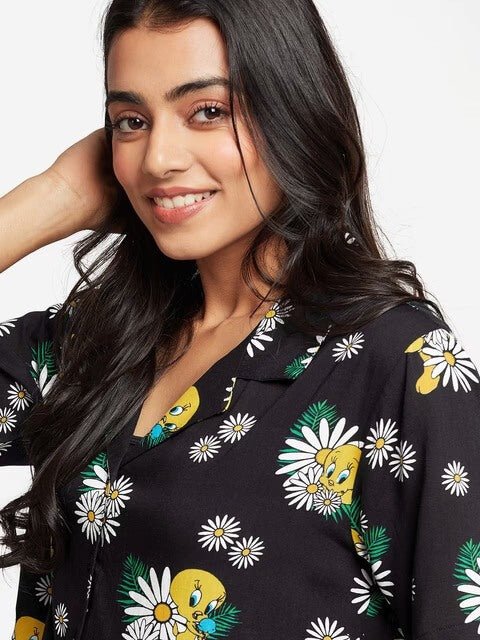 Tweety Bird Daisy Print Relaxed Resort Shirt - Black Floral Button - Down Legacy Boutiques Legacy Boutiques