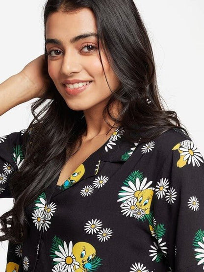 Tweety Bird Daisy Print Relaxed Resort Shirt - Black Floral Button - Down Legacy Boutiques Legacy Boutiques