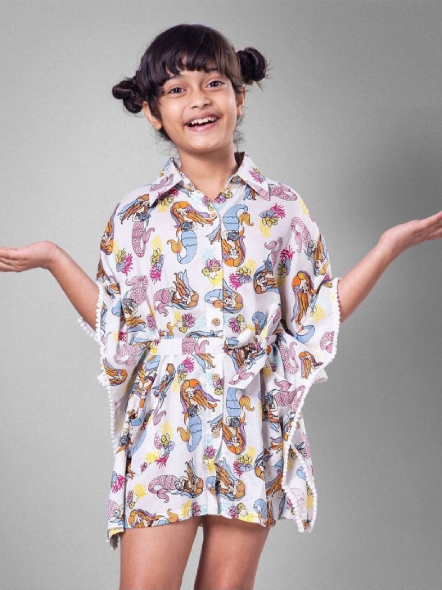 Under - the - Sea Mermaid Print Pom - Pom Kaftan - Girls Button - Up Summer Dress Legacy Boutiques Legacy Boutiques