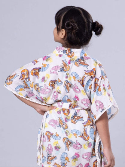 Under - the - Sea Mermaid Print Pom - Pom Kaftan - Girls Button - Up Summer Dress Legacy Boutiques Legacy Boutiques