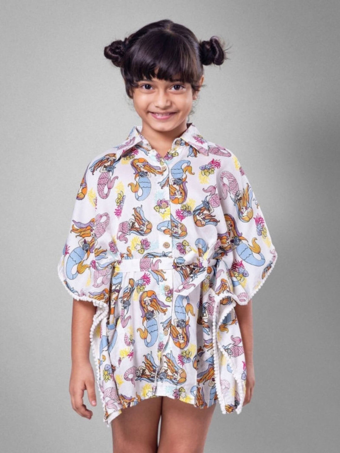 Under - the - Sea Mermaid Print Pom - Pom Kaftan - Girls Button - Up Summer Dress Legacy Boutiques Legacy Boutiques